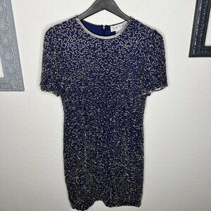 A.J. BARI Vintage Silk Sheath Navy Blue Dress | Bugle Beaded | Size 8